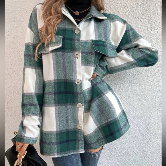 Plaid Stripe Oversized Flannel Shirt Shacket green - Picture 8 of 9